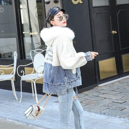 Fashion Denim Lambswool Splice Jackets Winter Autumn Casual Warm Cotton Coats Womens Denim Jacket Parkas Spring Hooded Outwear