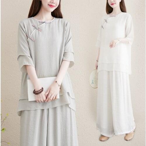 Traditional Chinese Style Womens Suit Top Pants Set 3 Solid Colors Cotton Linen Yoga Wear Zen Suit 2 Pieces O Neck Buckle 2021
