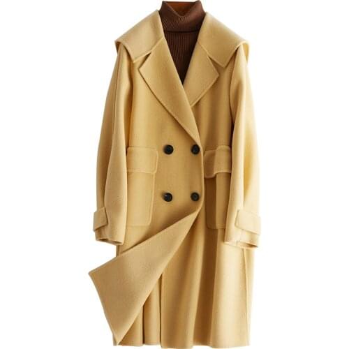 2021 Autumn and Winter New Leisure Long Double Faced Woolen Coat Double Breasted Navy Collar Woolen Coat for Women