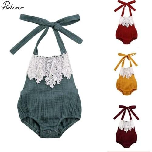 2020 Baby Summer Clothing Newborn Infant Baby Girl Lace Floral Bodysuit Patchwork Jumpsuit Halter Sunsuit Backless Solid Clothes