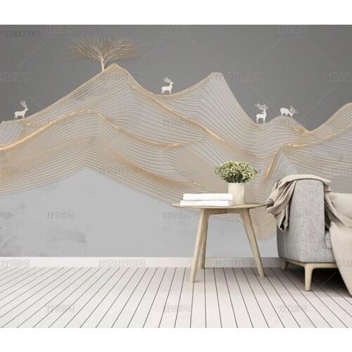 3D abstract lines distant mountain elk wallpaper bedroom living room sofa TV creative gold relief carving background wall mural