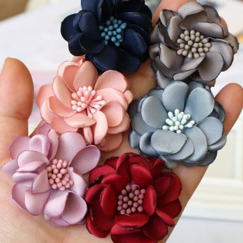 5Pcs 4.5CM Handmade Satin Fabric Artificial Flower For Wedding Party Clothing Decoration DIY Hair Accessories