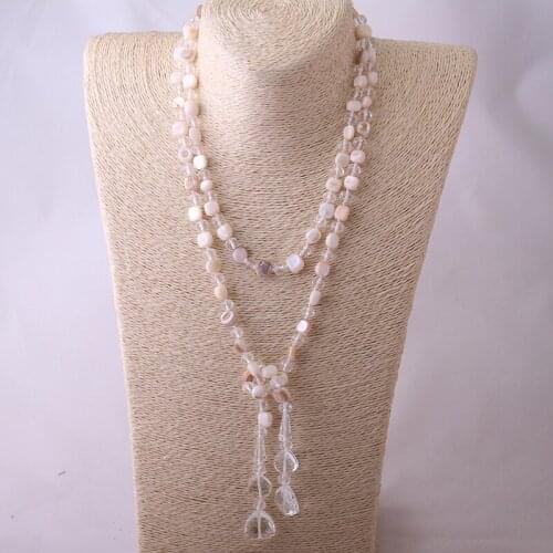 Free Shipping Fashio Long Knotted Halsband Gray Color Crystal and Shell Pendant Necklace