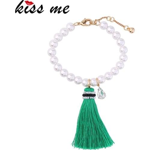 KISS ME Imitation Pearls Beads Chain Bracelet Female Water Drop Green Tassel Pendant Bracelet Women Jewelry