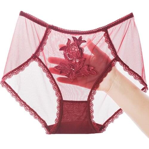 BS110 High Quality Sexy Mesh Women Underwear Thin Transparent Panties Rose embroidery Flower Sexy See Through Briefs Ladies