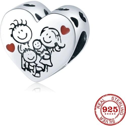 925 Sterling Silver Happy Family Family Heart Charms DIY fine beads Fit Original 3mm Charm Bracelet DIY women Jewelry making