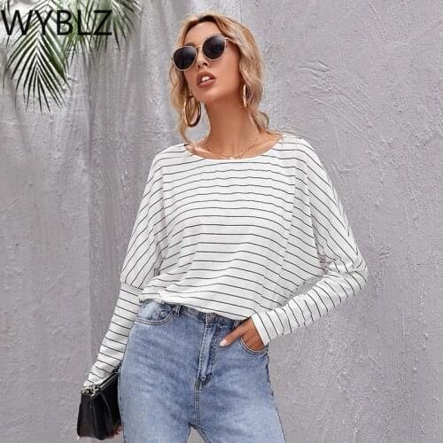 Black Loose Womens Tshirts Fashion Striped O-Neck Long Sleeve Spring T-Shirts Women Casual Tee Tops Autumn T Shirts Female 2021