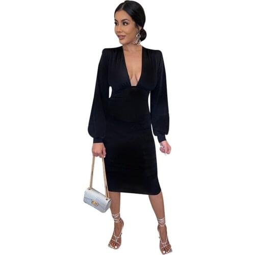 Elegant Women High Waist Draped Midi Dress Chic Deep V Neck Full Sleeve Knee Length Dresses Autumn Package Hip Bandage Vestido