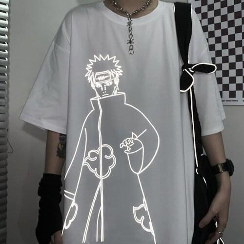 Cool White Tshirt Streetwear Summer Amine Cotton Harajuku T-shirt Casual Cartoon Tops Funny Japan Reflective Tshirt Streetwear