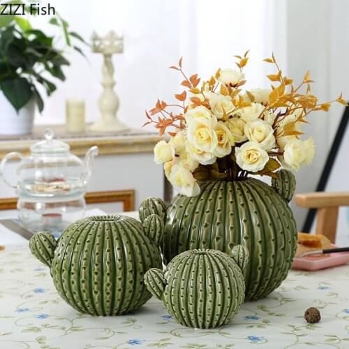 Simulation Cactus Ceramic Vase Artificial Flowers Decorative Flower Arrangement Crafts Porcelain Vases Living Room Decoration