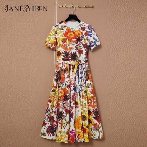 Janeyiren fashion 100% Cotton Hepbrun Dress Women Colorful Flower Print Belted Midi Long Mujer Vestido