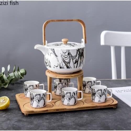 Ceramic Tea Pot and Cup Set Heating Filter Candle Teapot Set Afternoon Tea Set European Coffee Cup Set Home Decor Porcelain Tray