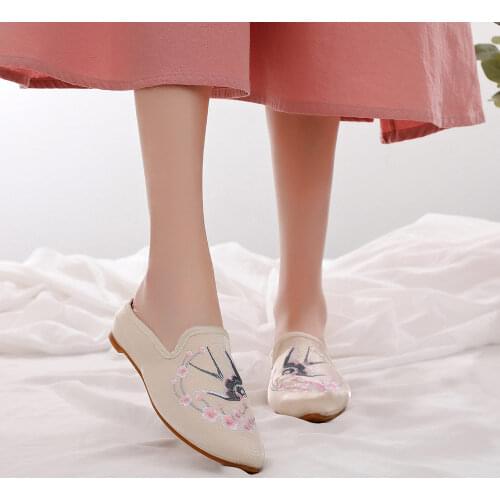 Retro Swallow Embroidered Ladies Velvet Coating Fabric Flat Mules Shoes Summer Womens Comfort Cotton Embroidery Slippers