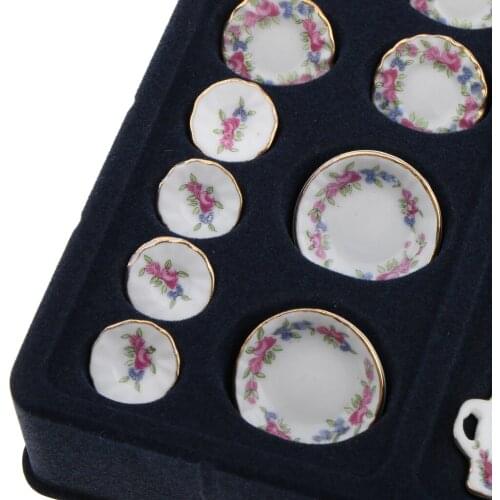 40PCS 1:12 Miniature Ceramic Tea Cup Set Model Rose Flowers Pattern Dollhouse Ding Room Accs