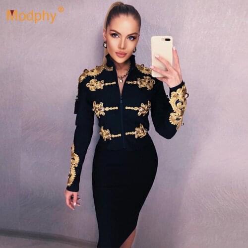 2021 Autumn New Black Bandage Set Long Sleeve Embroidery Jacket Top + High waist pencil skirt Set Club Party 2 Two-Piece Sets