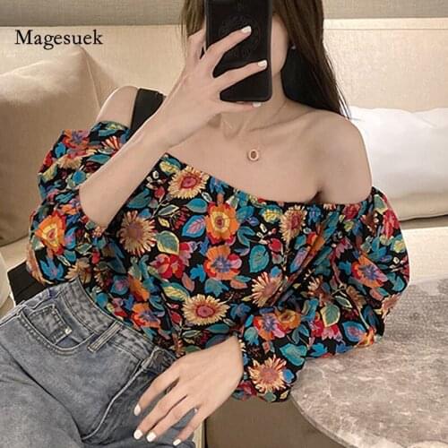New Vintage Floral Sunflower Print Blouse Women Summer Sexy Slash Neck Off-shoulder Tops Casual Puff Sleeve Women Shirt 13315