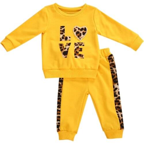 Baby Girls Fall Sweatshirt Jogger Pants Suit Leopard Pearls Round Neck Long Sleeve Top Trousers Autumn Toddler Sport Set