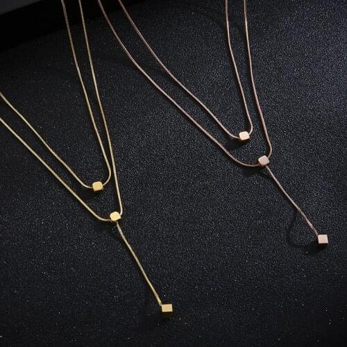 Rose gold titanium steel necklace, Double small square collarbone necklace, Do not fade