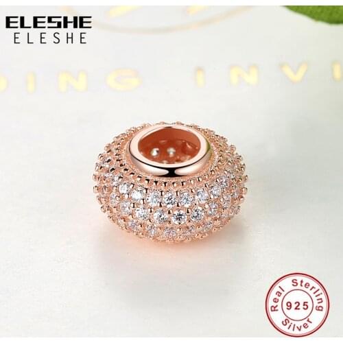 Authentic 925 Sterling Silver Charm Bead Rose Gold Crystal Round Charms Fit Bracelets DIY Original Jewelry