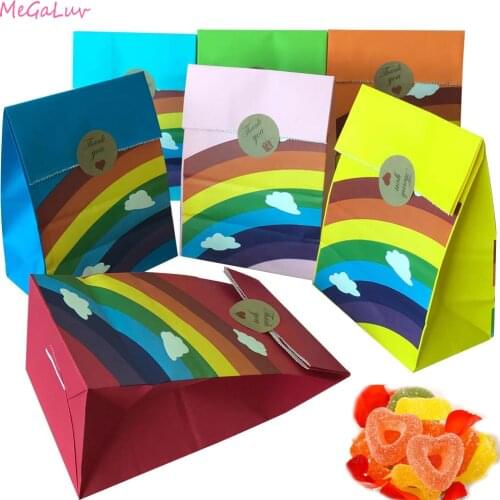 Rainbow Paper Gift Bag Durable Paper Candy Bag With Thank You Stickers Kids Birthday Party Favors Baby Shower Supplies