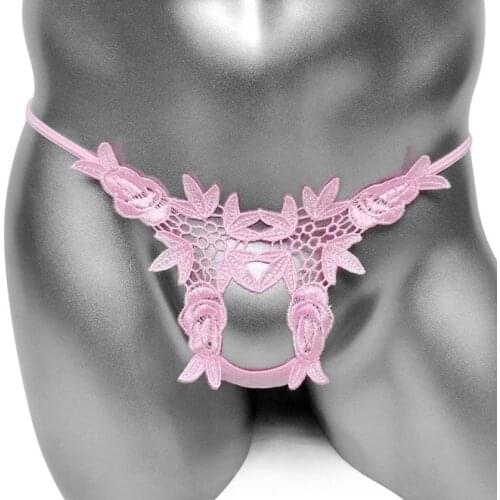 Embroidery Sexy Lingerie For Sissy Thong Panties Open Crotch See Through Mens G String Underwear New Exotic Male Bikini Panties