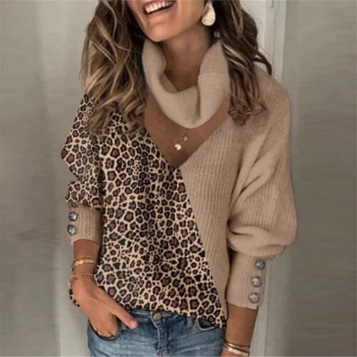 Woman Sweaters Knitted Leopard Patchwork Turtleneck Sweaters Pullover Spring Button Long Lantern Sleeve Loose Female Sweaters