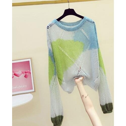 Thin Candy-Colored Knitted Sweater Womens Hollow Out Tops Thin & Pink Mohair Sweaters Pullover Sweet Knit Shirts Lady Jumper