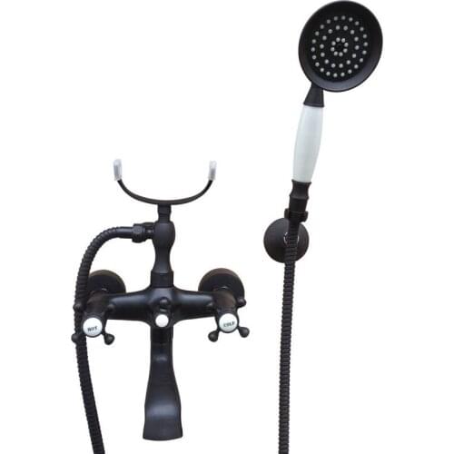 Bathroom Black Oil Rubbed Bronze Wall Mounted Clawfoot Tub Filler Faucet Handshower Two Cross Handles atf611