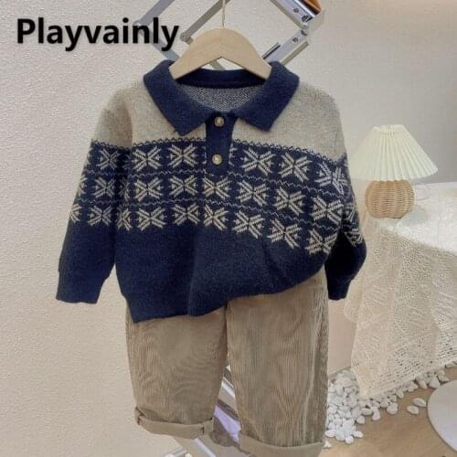 2021 New Autumn Kids Boys Girls Sweater Patchwork Jacquard Weave Long Sleeves Knitting Pullover Children Polo Shirts E2117