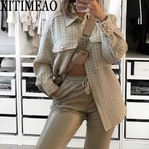 Women 2020 Fashion Tweed Plaid Loose Irregular Jacket Coat Vintage Long Sleeve Pockets Female Outerwear Chic Tops