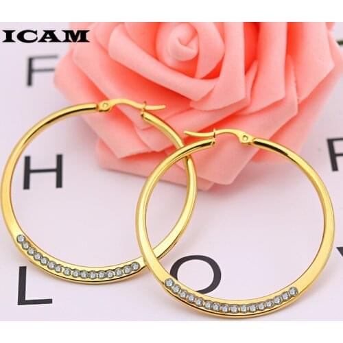 ICAM Fashion Rhinestone Large Circle Earrings Big Hoop Earrings Silver Color Crystal Round Hoop Earrings For Women Jewelry
