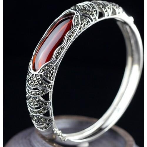 MetJakt Womens Openwork Bracelet Fashion S925 Agate Garnet Chalcedony Bangles