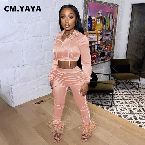 CM.YAYA Women Two 2 Piece Set Classic Velvet Mini Jacket and Jogger Pants Matching Set Outfits Active Sport Tracksuit Sweatsuit