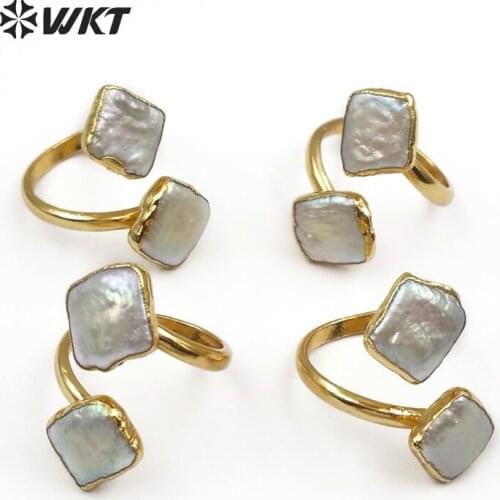 WT-R325 Fashion Double Rhombus Shape Adjustable Ring Natural Freshwater Pearl Jewelry Bohemia Gift For Women Gold Pearl Ring