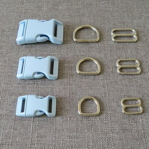 20Sets/Lot Ligth Blue Plastic Buckle Metal D Ring Adjuter Straps Belt Loop Slider For Pet Dog Collar Necklace Harness Accessory