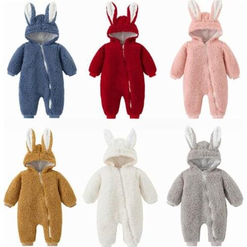2021 Baby Winter Hooded Jumpsuit Toddler Thick Wool Romper Boy Girl Warm Coat Newborn Infanti Rabbit Rompers Kids Outerwear