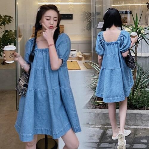 260# Maternity Dress Summer Short Sleeve Easy Matching Loose Stylish Denim Dress for Pregnant Women Mom Dress