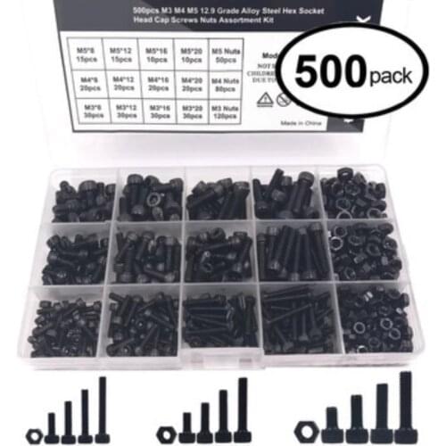 500PCS M3 M4 M5 Boxed Cylinder Head Hexagon Socket Machine Screw Set Black Screw Nut Set Boxed Screw Nut Bolt Repair tools