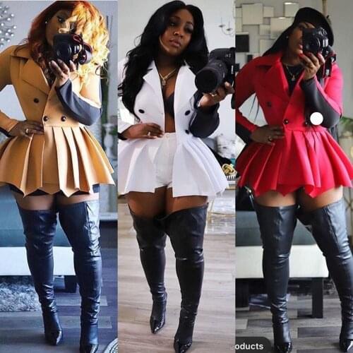 Adogirl Solid Mini Blazer Dress Women Notched Collar Long Sleeve Pleated Dress Autumn Buttons Up Party Formal Dress Vestido