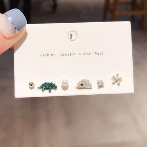 ANENJERY Hedgehog Dinosaur Flower Fancy Stud Earrings Set Gold Silver Color Micro Cubic Zircon 6-piece Earrings Set S-E1202
