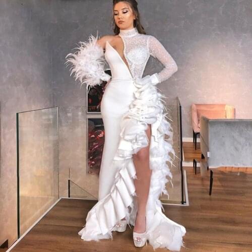White Fashion Evening Gowns High Neck Long Sleeves Feather Mermaid Side Split Ruffle Custom Made Prom Gowns