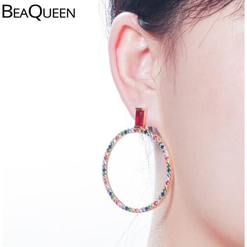 BeaQueen Big Hollow Loop Pave Rainbow Colorful Cubic Zirconia Large Round Stud Earrings Gold Filled Boho Fashion Jewelry E305