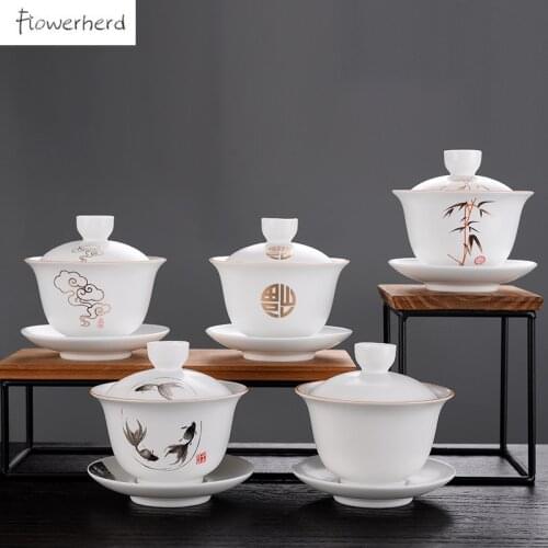 Large 4inch Ceramic Gaiwan Teaware Kung Fu Tea Set Sancai Teacup Tea Bowl Gaiwan Handpainted Chinese Yixing White Gaiwan