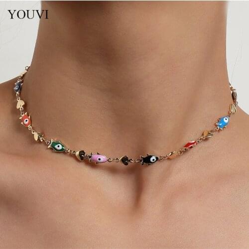 YOUVI Bohemia Color Glaze Fish Beads Chain Necklace for Women Simple Korea Choker Necklace Collar Jewelry Charms