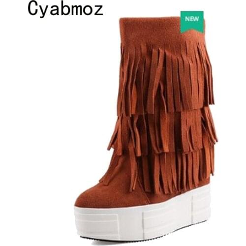 Cyabmoz New Short Winter Snow Boots Height increasing Shoes Women Platform Tassel Genuine Leather Hidden High heels Party Shoes