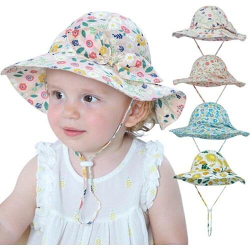 Summer Baby Girls Sun Hat Cotton Floral Kids Hat Baby Children Cap Bowknot Flower Print Bucket Hat Gorros Infantiles
