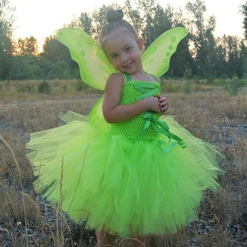Girls Green Fairy Tutu Dress Kids Crochet Tulle Straps Dress with Butterfly Wing Set Children Birthday Party Costume Dresses