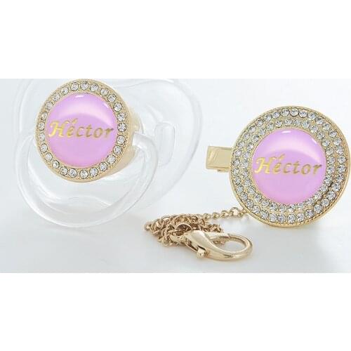 MIYOCAR custom any name gold bling pacifier and pacifier clip all transparent BPA free dummy Luxury pink gold name pacifier