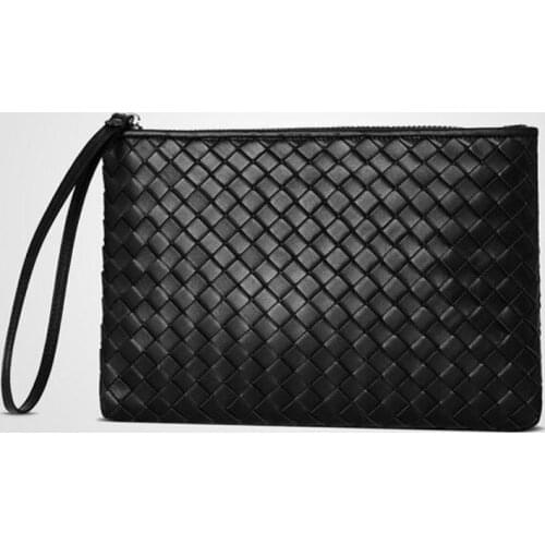 Real cowhide clutch bag envelope bag mens handbag leather mens bag woven business casual clutch bag Black