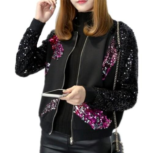 Fashion Sequin Jacket Womens Coat Autumn And Winter Heavy Industry Embroidery Sequin Casual Zipper Jackets Baseball uniform 5XL